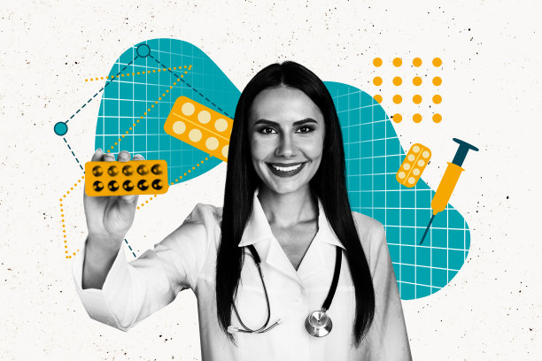 快乐的女医生手持新冠疫苗注射器和药物，药丸治疗的合成照片拼贴，背景为涂鸦风格。图片下载