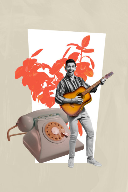 快乐的男作曲家手持原声吉他，演奏旋律，身旁有植物灌木和电话设备，背景为涂鸦风格的垂直照片拼贴。图片下载