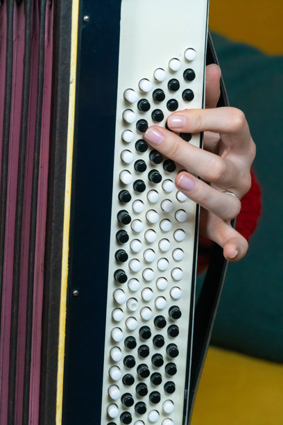 音乐家手部特写，演奏手风琴，聚焦于按钮的精细排列。场景展现了演奏这种乐器所需的精准和技巧。竖版照片图片下载