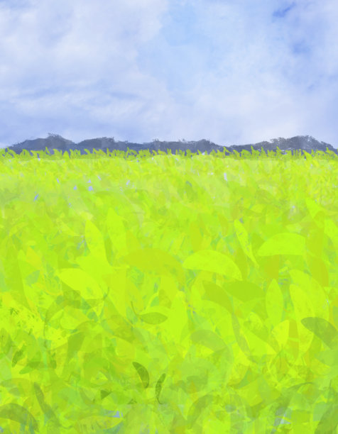 草地、山脉和云彩的抽象风景 - 水彩画图片下载