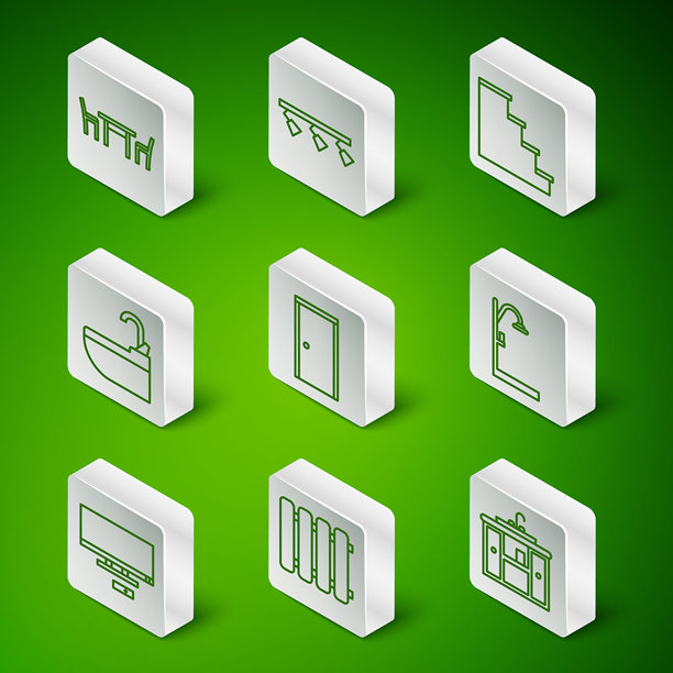 洗手盆柜与水龙头、暖气散热器、木桌椅、关着的门、水、LED轨道灯和灯具、智能电视和淋浴图标。矢量图。图片下载