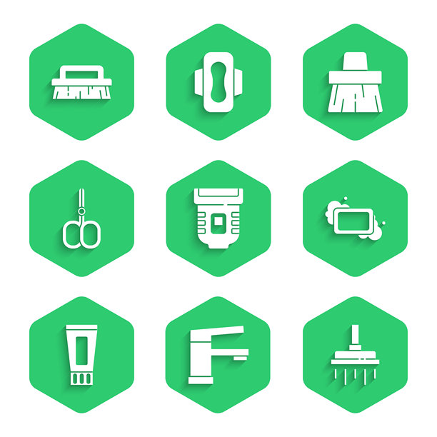 脱毛器、水龙头、淋浴头、香皂、牙膏、指甲剪、扫把和清洁刷图标。矢量图。图片下载