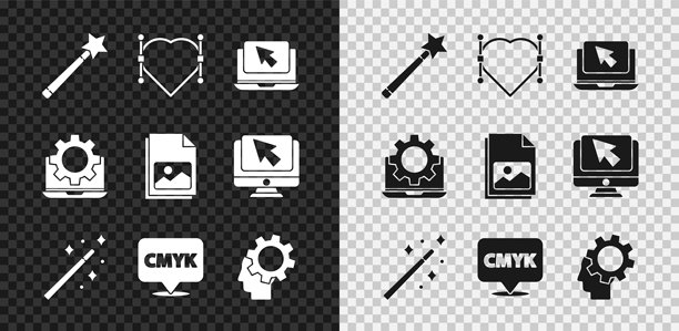 魔法棒、心形贝塞尔曲线、笔记本电脑光标、对话气泡文本CMYK、人头装备内部和图片风景图标。矢量图。图片下载