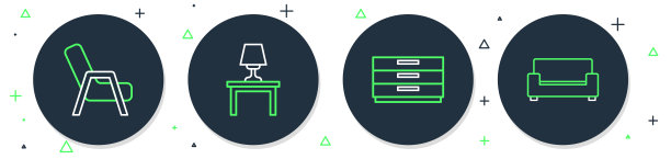 桌子上的台灯、抽屉柜、扶手椅和沙发图标。矢量图。图片下载