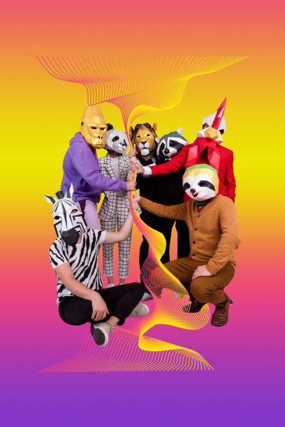 垂直艺术图像照片拼贴，匿名商务人士，男女佩戴折纸面具，面具形状为猴子、鸡、狮子、斑马、树懒、浣熊和熊猫。图片下载