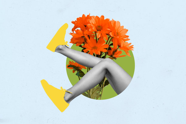 匿名腿部穿着鞋子，手持雏菊花束的艺术拼贴照片，庆祝国际妇女节假日图片下载