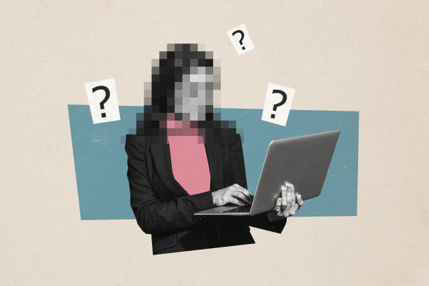 模糊人像的合成照片拼贴，坐在麦克Book设备上浏览新闻，进行自由职业工作，背景为涂鸦风格。图片下载