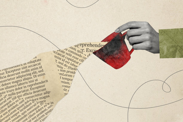 手握杯子倒饮料的拼贴照片，文字“享受早晨的美式咖啡茶时间”，背景为涂鸦风格。图片下载