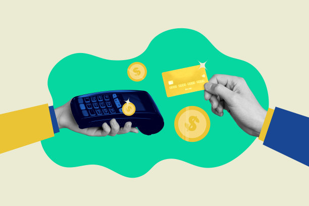 剪影巨手握着银行金色信用卡在商店市场终端支付的艺术照片拼贴画图片下载