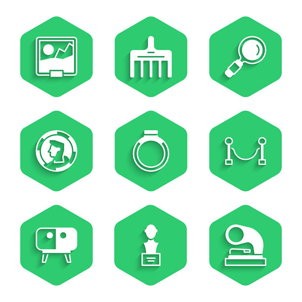 金色戒指，石膏头部雕塑半身像，老式留声机，绳索隔离带，电视桌架，古代硬币，放大镜和图片图标。矢量图。图片下载