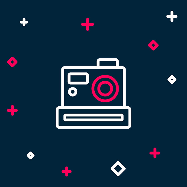 蓝色背景上的线条相机图标。照片相机。数字摄影。彩色轮廓概念。矢量图。图片下载