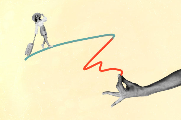 独特的艺术横幅拼贴，快乐的魅力女孩走在五彩涂鸦的小路上，手提行李箱，手绘线条，夏季假期。图片下载