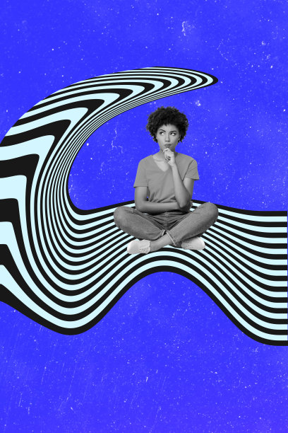 海报照片，垂直拼贴，思考中的美国女孩，坐在条纹图案的斑马涂鸦旁，灵感计划与沉思的概念图片下载