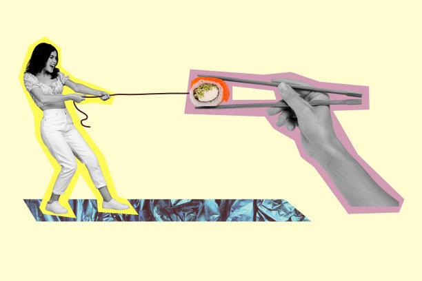 3D照片拼贴的草图模板设计，年轻女士站着，手持绳子拉着寿司、鱼、筷子、美食、厨师、饮食、饥饿、美味。图片下载
