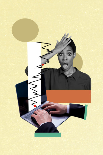 趋势复合素描模板照片拼贴，年轻女士震惊的面孔，手指着笔记本电脑图形，招聘空缺，企业家，人力资源图片下载