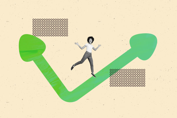 3D照片拼贴模板趋势艺术作品草图，展示经理、员工和人力资源年轻女性站立的图形箭头指引方向图片下载