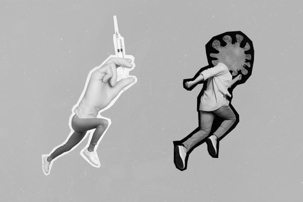 创意照片3D拼贴海报，描绘两个奇怪的人物发明疫苗抗体，背景为素描风格。图片下载