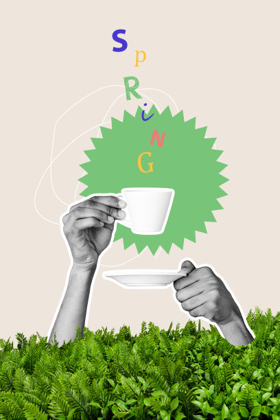 独特的垂直照片拼贴，手握咖啡杯和碟子，享受美式咖啡，庆祝春天的绽放，茶会中的灌木丛。图片下载