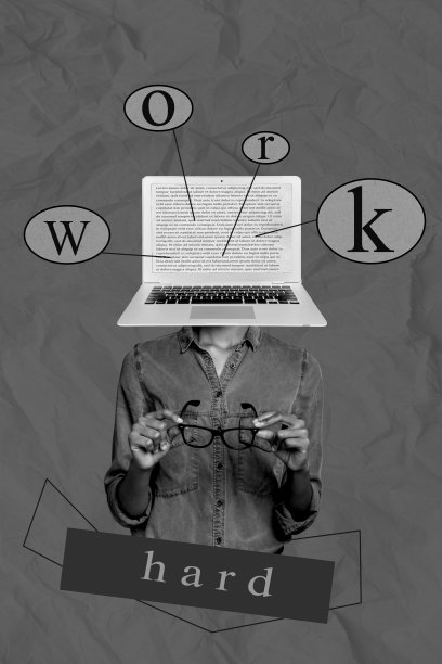 创意照片3D拼贴艺术明信片海报，描绘了一位加班工作、努力赚钱的过劳人士，背景为绘画风格。图片下载