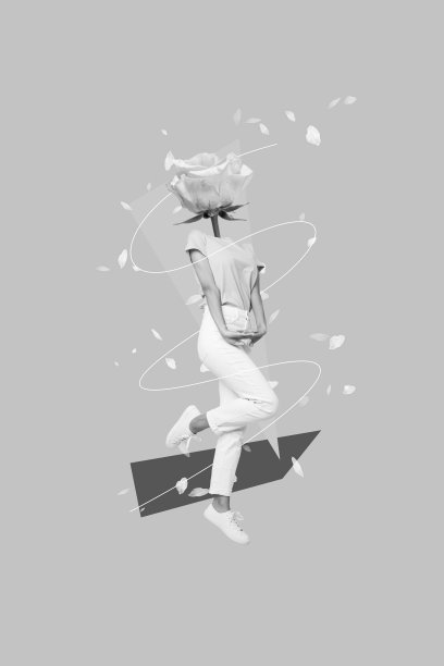 创意竖版照片拼贴海报，展示一个奇特可爱、害羞的女孩，脸部被花朵替代，背景为涂鸦风格。图片下载