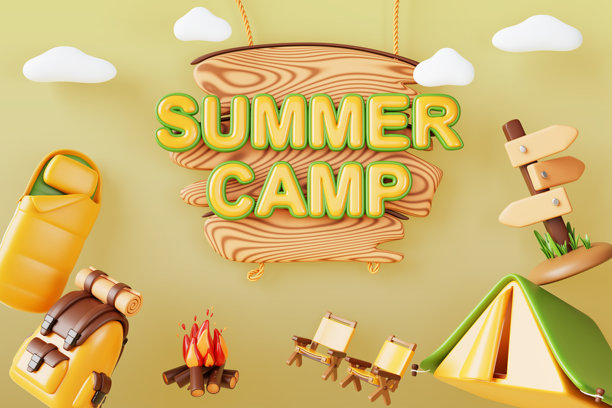 3D夏令营卡通海报，木牌上有文字。邀请参加自然露营冒险，包含篝火、帐篷、睡袋、背包、椅子，背景为绿色的云朵。图片下载