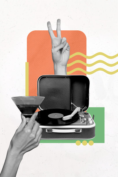 趋势图像：垂直照片拼贴，手势展示和平符号，复古唱片播放器，庆祝马提尼鸡尾酒杯图片下载