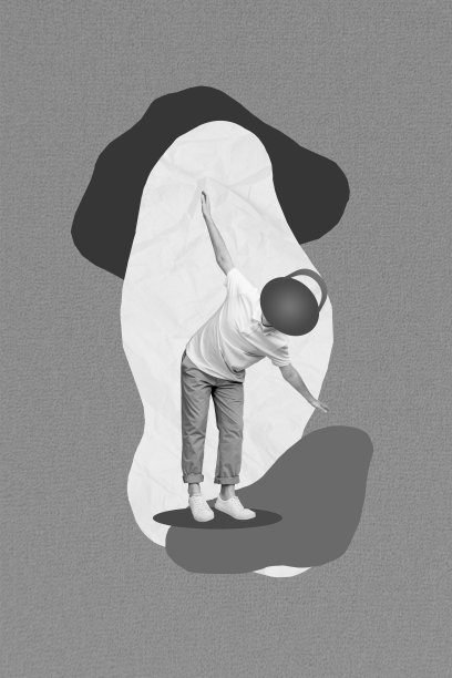 创意照片3D拼贴艺术明信片海报，男人在画背景上低头看向一个洞，面临艰难的决定。图片下载