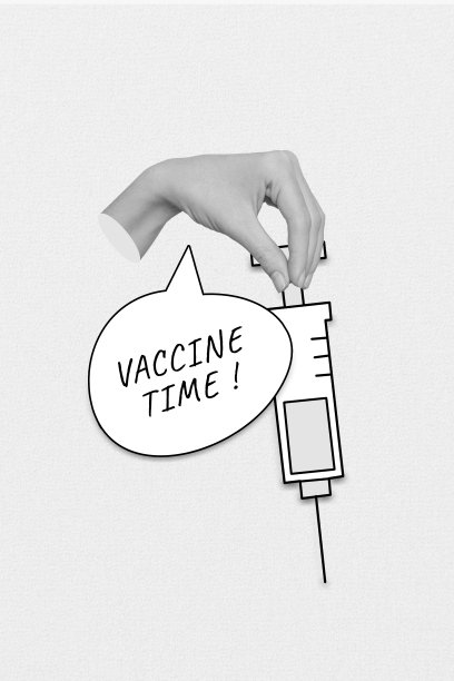 创意绘画拼贴黑白伽马照片，展示手持注射器准备接种疫苗，背景为绘画风格。图片下载