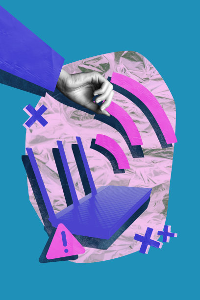 3D照片拼贴艺术作品，展示路由器调制解调器、互联网全球连接、手持天线、WiFi、4G、5G和禁止接触的主题。图片下载