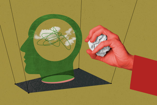 奇怪的人物头部与大脑混乱的拼贴照片，手扔纸张，心理治疗，孤立在涂鸦背景上。图片下载