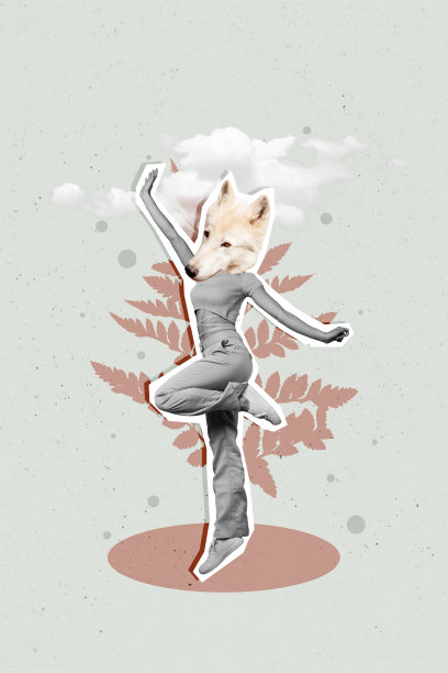 3D照片拼贴合成趋势艺术作品草图，描绘了一位年轻女性的无头模特在户外天空中摆姿势，头上是狗狼的头。图片下载