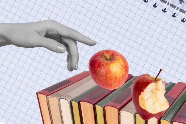 复合素描图像艺术作品，3D照片拼贴，复写纸上迷你年轻手触摸苹果水果堆，享用自然小吃。图片下载