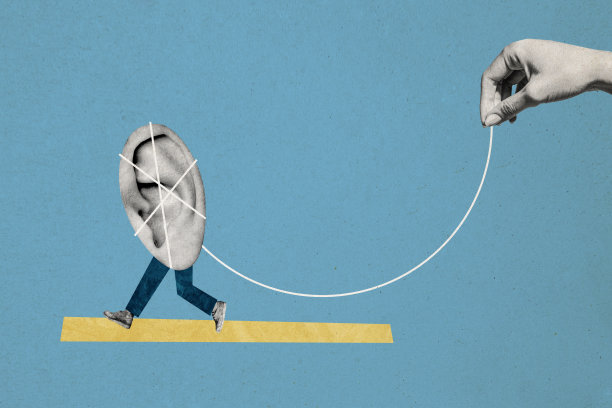 手握绳索的拼贴照片，贴着耳朵的受害者，身体缺失的人类，受到流言蜚语的洗脑，孤立在涂鸦背景上。图片下载