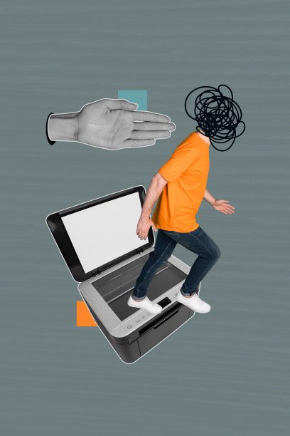 拼贴风格的3D复古插画，描绘了一位困惑的男士在灰色背景下使用打印机复印照片。图片下载