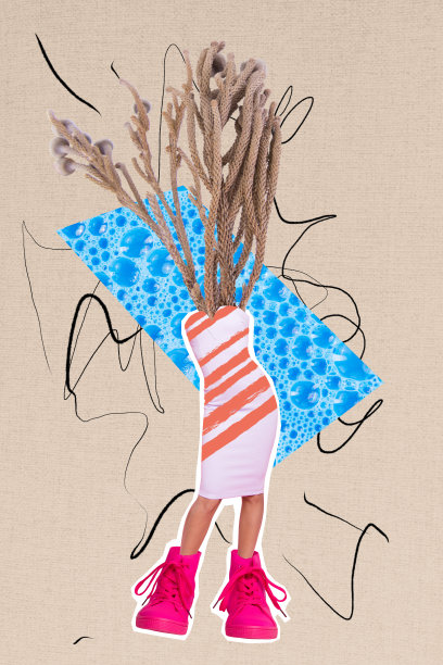 复合素描图像趋势艺术作品，3D照片拼贴，剪影年轻女性无头模特摆姿势，穿着裙子和粉色鞋子。图片下载