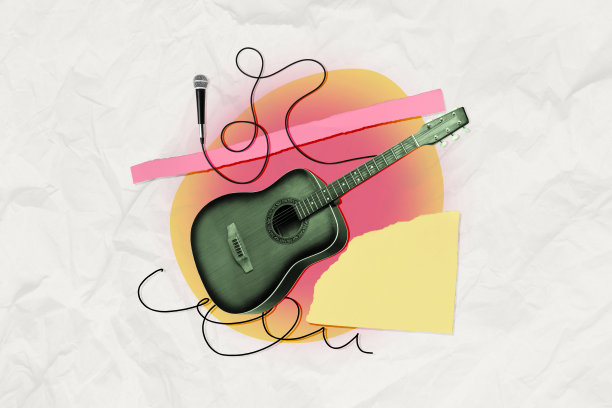 复古风格吉他音乐演奏的艺术合成素描图像，照片拼贴，麦克风，歌唱，歌曲创作者，表演者，聆听音乐图片下载