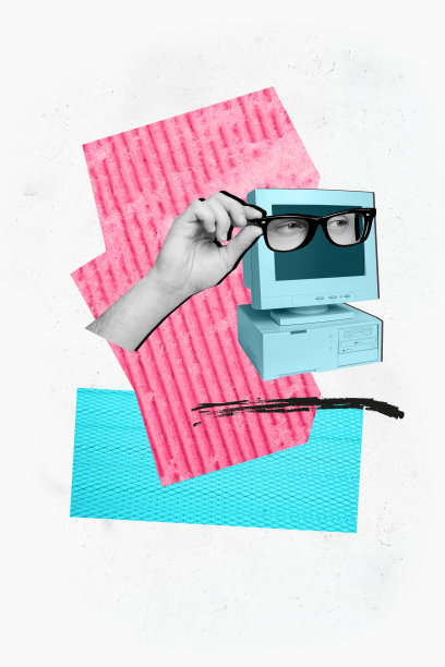 黑白剪影的合成素描图像，3D照片拼贴，手持极客眼镜的无身体人像，代替计算机身体。图片下载