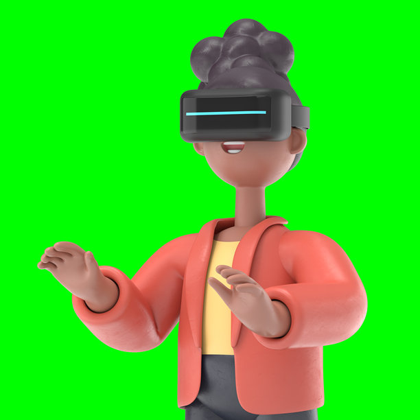 非洲裔美国女性Coco在虚拟现实中玩未来科技的3D插图。绿幕模型。3D渲染在绿幕上，用于视频素材和抠图。图片下载