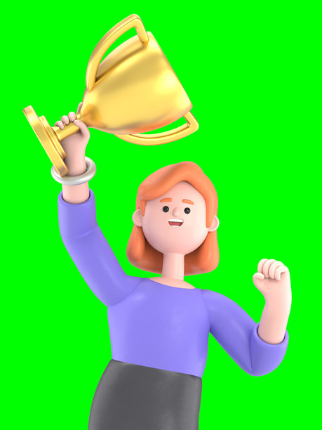 3D插图：欧洲女商人艾伦手持金色冠军奖杯，绿色背景模版。3D渲染，适用于视频素材和抠图。图片下载