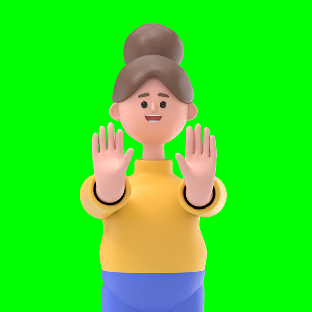 3D插图，亚洲女性安吉拉伸出手做出停止手势，阻止你。绿色背景的3D渲染，适合视频素材和剪辑路径。图片下载