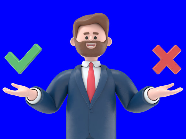 3D插图：留胡子的美国商人鲍勃困惑地站着，犹豫选择“是”或“否”。绿色屏幕模型。3D渲染，适用于绿色屏幕的素材和剪辑路径。图片下载