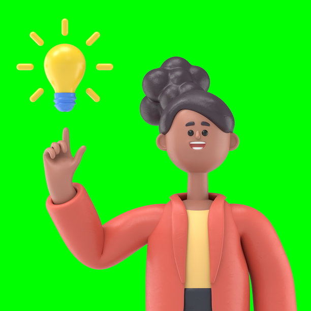 非洲裔美国女性Coco指着发光的灯泡，产生新想法的3D插图。绿色背景模型。3D渲染在绿色背景上，用于视频素材和抠图。图片下载