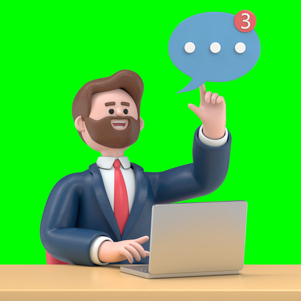 3D插图：留胡子的美国商人鲍勃坐在桌子旁，面前有一台笔记本电脑。绿色屏幕模型。3D渲染，适用于绿色屏幕的素材和剪辑路径。图片下载