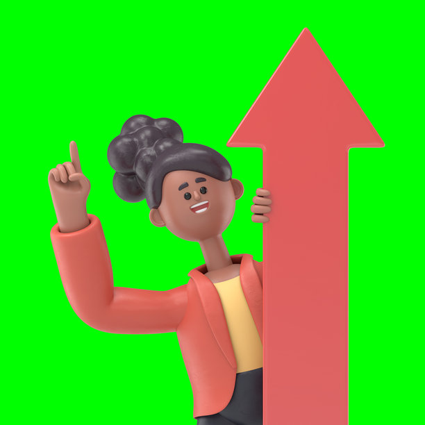 3D插图：非裔美国女性Coco手持向上箭头，象征增长，绿幕样板。3D渲染在绿幕上用于视频素材和抠图。图片下载