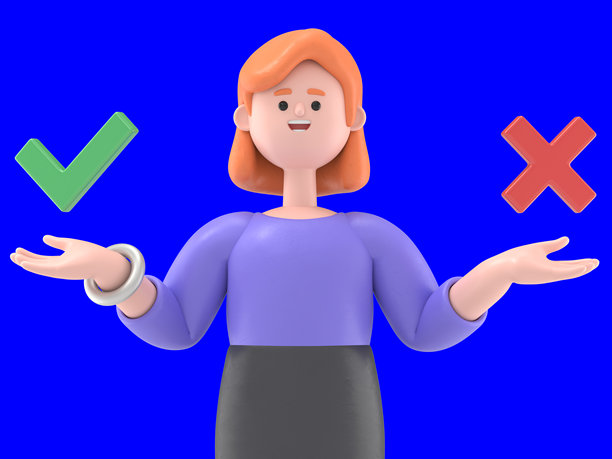 3D插图：欧洲女商人艾伦困惑地站着，选择“是”或“否”。绿幕模型。3D渲染在绿幕上，用于视频素材和抠图。图片下载