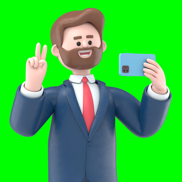 3D插图：留着胡子的美国商人鲍勃戴着耳机，通过智能手机进行视频通话或自拍，并做出胜利手势。3D渲染，适用于绿幕素材和抠图。图片下载