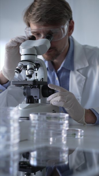 穿着实验室外套、白手套和防护眼镜的男性科学家在现代实验室中使用显微镜进行研究，肖像视图。低调照明照片。科学与医学图片下载