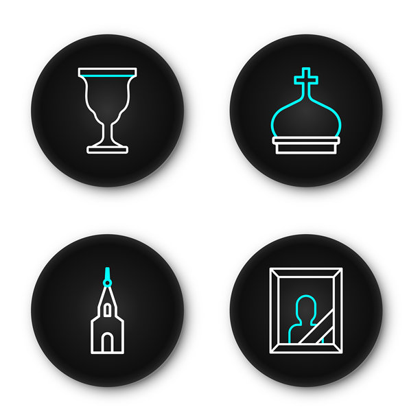 哀悼照片框，教堂建筑，塔楼和基督教圣杯图标。矢量图。图片下载