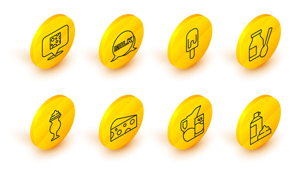 瓶装鲜奶油、牛奶壶或水壶和玻璃、奶酪、奶昔、饮用酸奶、冰块、牛奶字母和图标。矢量图。图片下载