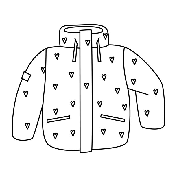 短款厚羽绒服，印花设计，男女皆宜的外套。轮廓绘图，黑色线条，平面矢量，eps10图片下载